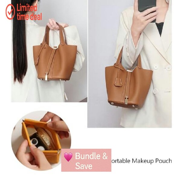 Genuine Leather Bucket Bag with Lock Design, Spacious Shoulder Satchel - Picture 4 of 8